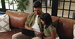 Laptop, search and relax with father and daughter on sofa for streaming service, movie choice and education show. Film subscription, bonding and online kids series with man and child in family home