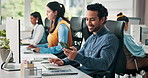 Computer, man and phone with texting at desk for story update, email source and check schedule. Coworking, journalist and mobile tech at creative agency for article planner, notification and research