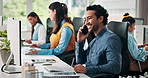 Businessman, consultant and computer with phone call in office for customer service or response. Happy man, agent or talking with mobile smartphone for virtual assistance or online advice in agency