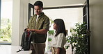 Help, love and father packing bag in home in morning for education, school or learning. Student, family and dad with child for getting ready with books in kitchen for development or growth in house.