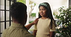 Father, talking and comfort child at house for love, guidance and emotional support. Man, kid and discussion for good behaviour with reassurance, giving advice and lecture daughter for family bonding