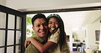 Happy, carry and face of dad with child in home for bonding, relationship and affection on weekend. Family, parent and portrait of father with girl embrace for connection, care or love in living room
