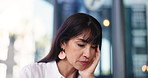 Business, woman and stress with headache at office for mental fatigue, workload and brain fog. Professional, mature person and migraine with thinking outdoor at work with burnout, pressure and worry