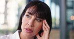 Business, woman and thinking with headache at office for mental fatigue, workload and stress. Professional, mature person or migraine with anxiety outdoor at work from burnout, pressure or overworked
