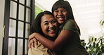 Happy, hug and face of mother with daughter for bonding, connection and smile. Love, support and security with portrait of woman and child family home for trust, affection and comfort together
