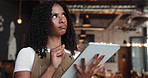 Thinking, woman and waitress in cafeteria with tablet for online menu planning or stock list. Digital technology, idea and female barista with inventory on app in morning at coffee shop or restaurant