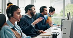 Computer, man or talking with mic in call center for product knowledge, lead generation or offer. Coworking, friendly agent and chat to outbound client for service promotion, sales and telemarketing