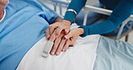 Medical, support or couple by hospital bed with hand holding, connection or empathy for patient diagnosis. Healthcare, mature or people in clinic with compassion, unity or comfort in operation result