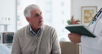 Elderly man, consultation or doctor with tablet on hospital bed for health exam or test results. Senior, male person or patient with medical worker for heart condition, diagnosis or checkup in clinic
