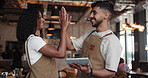 High five, barista and team with tablet in coffee shop for sale, achievement or online tip. Cafe, man and woman with tech for celebration in small business, hospitality goal or excited for success