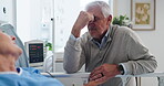 Sad, conversation or senior couple by hospital bed for visit, cancer patient or support for medical care. Comfort, disease or old people talking with empathy for healthcare, upset partner or marriage