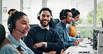 Face, man and headset with arms crossed in call center for customer service, assistance and help desk. Portrait, advisor and coworking with computer, contact us and confidence for technical support

