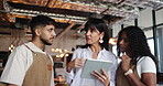 Discussion, manager or servers with tablet in restaurant, instructions or teaching for booking app. Mentoring, staff support or people talking with digital menu, payment process or ordering tech help