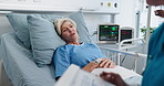 Nurse, old woman or discussion in hospital bed with checklist, medical assessment or patient feedback. Healthcare worker, elderly person or talk in clinic with clipboard, wellness or recovery update.