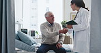 Senior man, patient or doctor with handshake on hospital bed for healthcare exam or test results. Elderly, male person or medical worker shaking hands with tablet for diagnosis or checkup in clinic