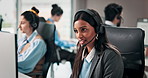 Office, talking and business woman with headset for online consulting, customer support and help. Professional, call center and person on computer for contact us, crm service and virtual advisor