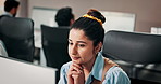 Office, employee and woman with computer, thinking or proofreading story for journalism and creative. Coworking, reporter and people with technology for article, reflection or inspiration in newsroom