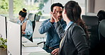 Business people, high five and partnership in office with smile for web design project management. Man, woman and computer for communication, coworking and feedback or advice at creative agency