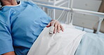 Medical, hand or patient in hospital with oximeter, surgery recovery or monitor in treatment rest. Healthcare, heart rate or person on bed with pulse meter, healing or oxygen track in post operation.