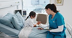 Tablet, teddy bear or nurse with child in hospital for healthcare, empathy or talk for wellness check. Support, tech or pediatric professional with sick girl, people or discussion for medical survey
