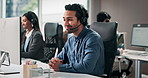 Office, talking and business man with headset for online consulting, finance advice and help. Professional, communication and person on computer for contact us, investment portfolio and feedback