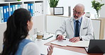 Man, doctor or patient with documents for medical consultation, advice or checkup in clinic. Woman, client or test results with mature healthcare worker or paperwork for exam or diagnosis in hospital