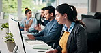 Office, coworking and woman with computer, typing and research for article in newsroom and creative. Journalist, productivity and colleagues with technology for story, online and project on website