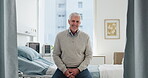 Happy, man and checkup in hospital room, face and patient with positive health outcome and recovery. Clinic, appointment and mature person with smile for medical services, diagnosis and laugh in USA