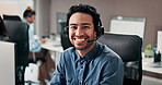 Face, happy and businessman with headset in office for online consulting, finance advice and help. Professional, communication and portrait of person on computer for contact, service and feedback