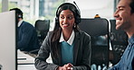 Computer, explain and training with business people in call center for system integration or orientation. Advice, contact us and conversation with employee team in customer service office for support