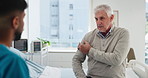 Clinic, nurse and shoulder pain with senior man for checkup, consultation and discussion for healthcare. Hospital, support and elderly patient with question for advice with injury and recovery
