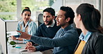 Business people, team and research on computer for discussion, help or feedback on creative project. Coworking, meeting with men and women for advice, laugh and online info for design strategy chat