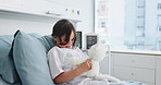 Girl, teddy bear and kid play in hospital bed for surgery recovery, healing and wellness. Pediatric, happy patient and child with stuffed animal, rest and medical healthcare with fluffy toy in clinic
