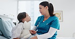 Woman, nurse and holding hands with kid in hospital for reassurance, medical support and surgery. Healthcare worker, talking and child with teddy bear for emotional comfort, guidance and treatment