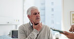 Doctor, old man or conversation in hospital with tablet, medical assessment or throat pain complaint. Healthcare worker, elderly person and talk in appointment with tech, sickness update or check up.