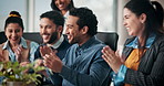 Business people, celebration and clapping in office with smile for web design project management. Men, women and computer for approval, coworking and positive feedback or good news at creative agency