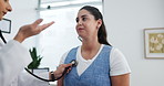Doctor, woman and breathe with stethoscope for respiratory assessment, cardiology exam or advice. People, medical worker talk or patient in consultation with tool, lung evaluation or check heartbeat.