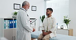 Man, doctor and conversation with tablet in assessment for medical checkup, diagnosis or prescription. Male physician, tech and person with communication for consultation, help or advice in clinic