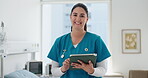 Face, happy woman or nurse in hospital with tablet for patient information, medical research or admin. Healthcare worker, person and scroll with tech in clinic with digital app, telehealth or report.