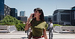 Phone call, walking and business woman in city for conversation, discussion and networking. Morning commute, travel and professional person on smartphone for connection, talking and contact in town