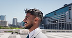 Business, walking and man in city, thinking and ideas with wonder, confidence and urban town. Outdoor, employee and professional in street, travelling and morning with contemplation and decision