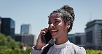 Phone call, smile and woman in city, talking and schedule for company audit, travel or network. Financial advisor, professional or employee with cellphone, contact or app for communication or commute