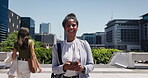 Walking, employee and woman with smartphone, city and commuting to work, attorney or message on web. Outdoor, communication and person with mobile for legal evidence, travel and texting with smile