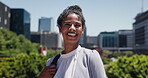 Smile, professional and business woman in city for real estate developer, pride and commute. Travel, property valuation and urban realtor with person outdoor for opportunity, confidence and agent
