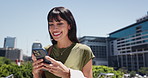 Woman, laughing or scroll with phone in city for text message conversation, social media joke or chat. Mature, female person or smile with tech in urban town for online meme, internet humor or comedy