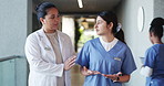 Nurse, discussion and support with doctors in hospital for treatment plan, consulting or medical report. Brainstorming, healthcare diagnosis and advice with people in clinic for meeting and feedback