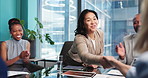Business people, applause and shaking hands with team for deal, investment or merger success. Happy group, handshake and clapping for financial goal, company acquisition and celebration in office