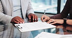 Signature, meeting and hands of business people in office for legal protection, license agreement and deal. Patent registration, policy paperwork and sign up with employees in agency for contract