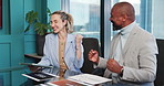 Excited, people and meeting with fist pump in office for good news, finance deal and data analysis. Staff, tablet or team success with financial statistics, profit increase and investment achievement