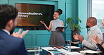 Applause, meeting and tablet with business woman in office for personalization vs privacy workshop. App, presentation and review with employees clapping in boardroom for discussion of user experience